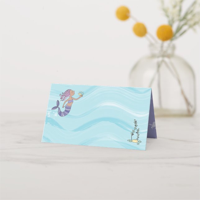 Tan Skin Purple Mermaid Birthday Place Card (Front)