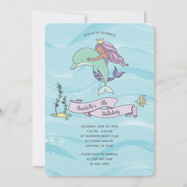 Tan Skin Purple Mermaid with Dolphin Birthday Invitation (Front)