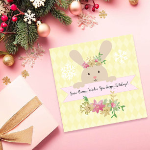 Tan Snow Bunny Pink Gold Poinsettia Hoppy Holiday Card
