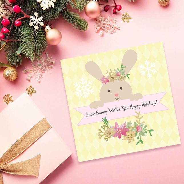 Tan Snow Bunny Pink Gold Poinsettia Hoppy Holiday Card (Creator Uploaded)