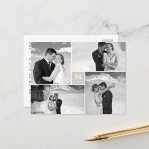 Tan Square Monogram 4 Photo Wedding Thank You Postcard