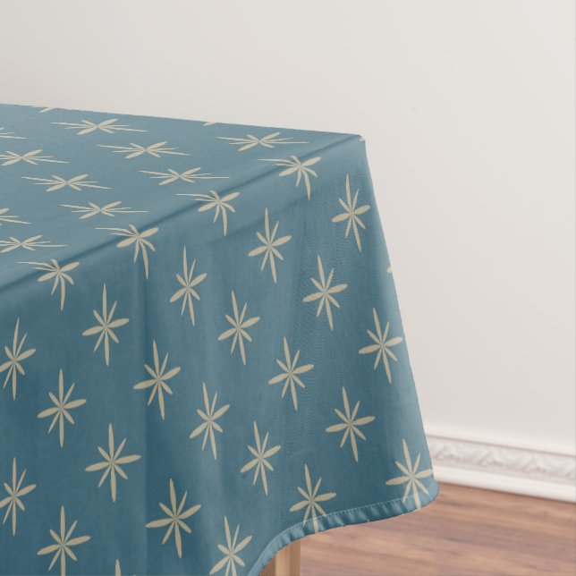 Tan Stars on Blue Atomic Mid Century Pattern Tablecloth (In Situ)