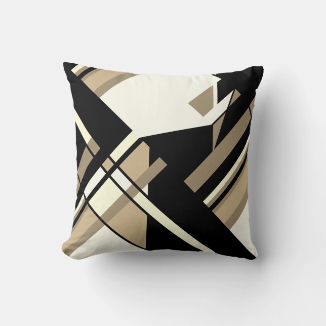 Tan Taupe Black White Diagonal Geometric Design Cushion (Front)