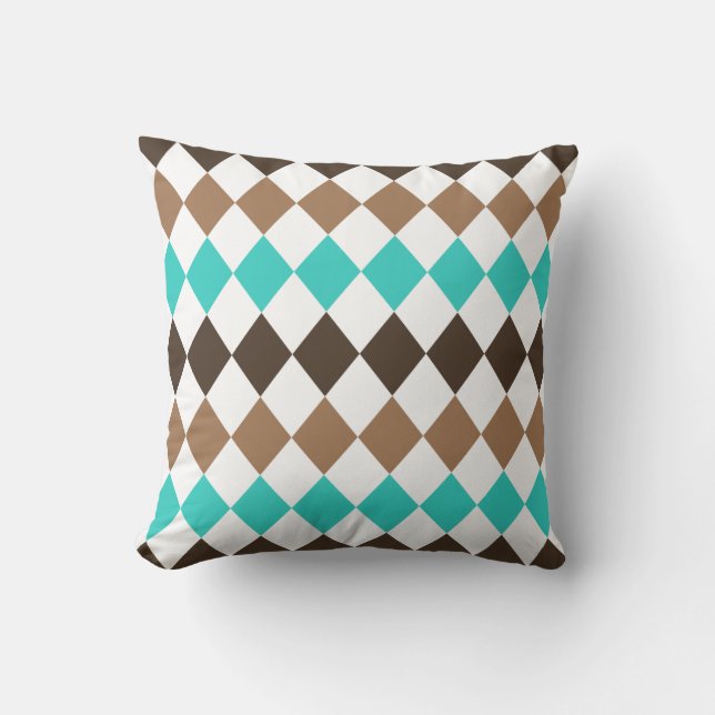 Tan, Teal, and Brown Diamond Harlequin Cushion (Front)