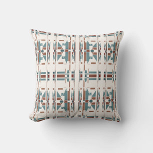Tan Teal Blue Off-white Southwest Look Large Tiles Cushion