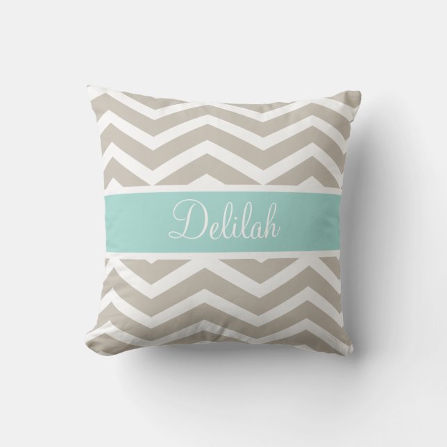 Tan Teal Chevron Custom Name Cushion (Front)