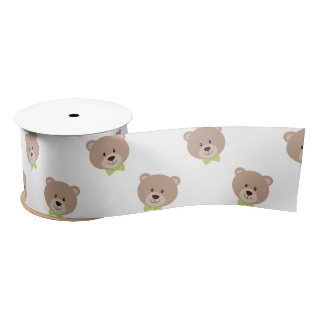 TAN TEDDY BEAR FACES WITH GREEN BOW TIES SATIN RIBBON (Spool)