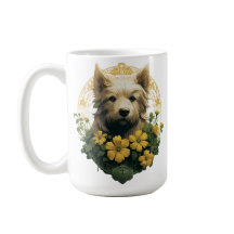 TAN TERRIER DOG WITH YELLOW IRISH FLOWERS