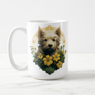 TAN TERRIER DOG WITH YELLOW IRISH FLOWERS COFFEE MUG