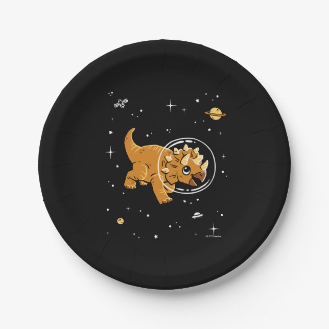Tan Triceratops Dinos In Space Paper Plate (Front)