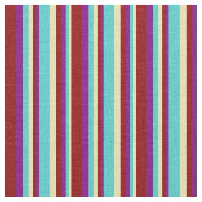 Tan, Turquoise, Purple, and Dark Red Pattern Fabric (Close Up)