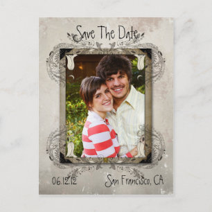 Tan Vintage Grunge Floral Photo Save The Date Announcement Postcard