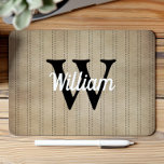 Tan Vintage Pinstripe Retro Black Monogram Mouse Pad<br><div class="desc">This design features a vintage pinstripe pattern in tan with black dashed stripes. Personalise it with your monogram initial in black and your name in white retro script.</div>