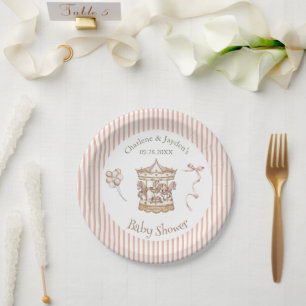 Tan Vintage Watercolor Horse Carousel Baby Shower Paper Plate