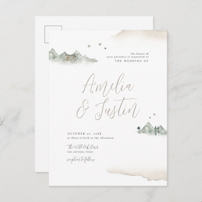 Tan Watercolor Mountain Destination Wedding Invitation Postcard (Front/Back)