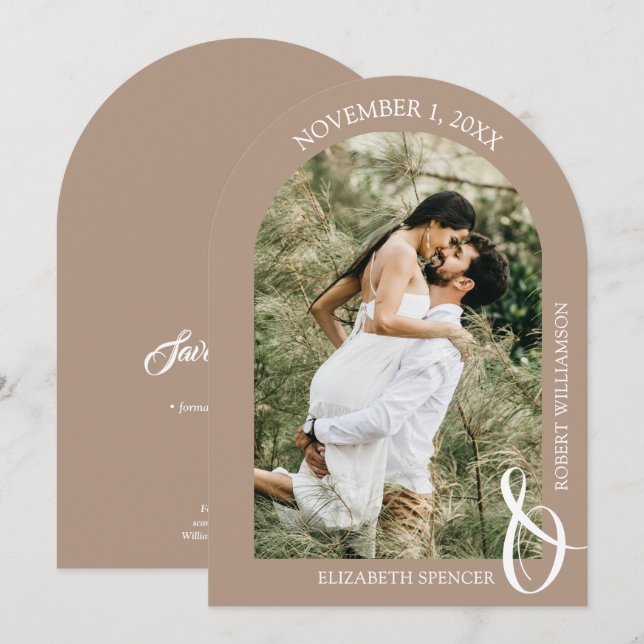 Tan Wedding Photo QR Code Save the Date (Front/Back)