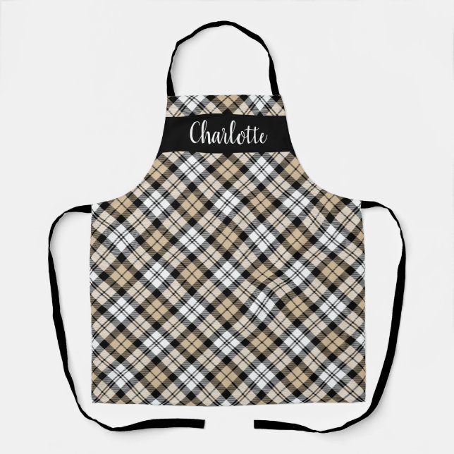Tan White Black Watch Plaid Personalised Holiday Apron (Front)