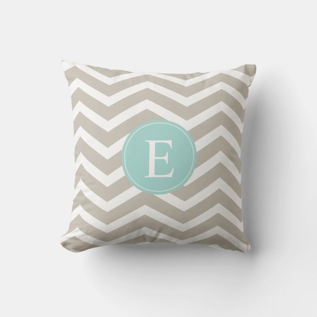Tan White Chevron Teal Monogram Cushion (Front)