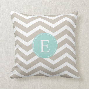 Tan White Chevron Teal Monogram Cushion