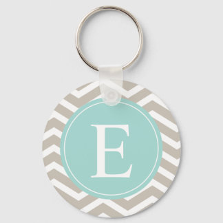 Tan White Chevron Teal Monogram Key Ring