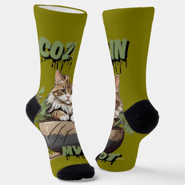 Tan & White Cute Cat Pot Design Socks (Angled)