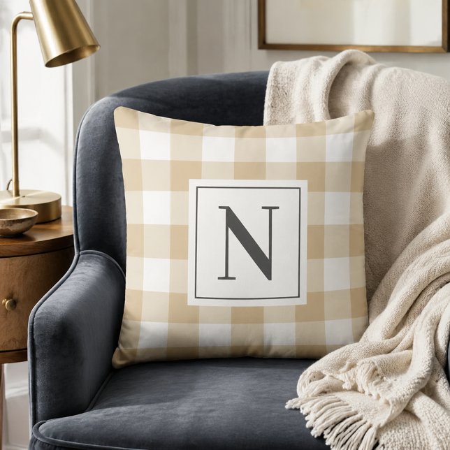 Tan White Gingham Check Monogram Initial Cushion (Creator Uploaded)