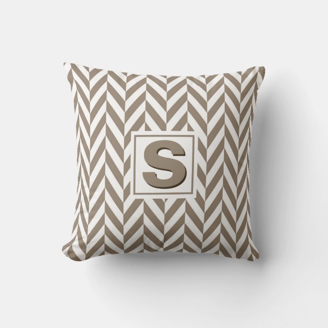 Tan White Herringbone Monogram Cushion (Front)