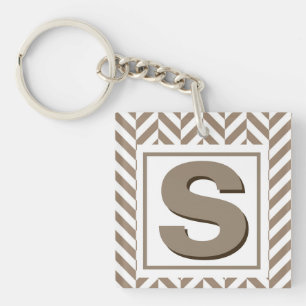 Tan White Herringbone Monogram Key Ring