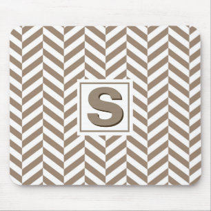 Tan White Herringbone Monogram Mouse Pad