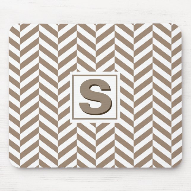 Tan White Herringbone Monogram Mouse Pad (Front)