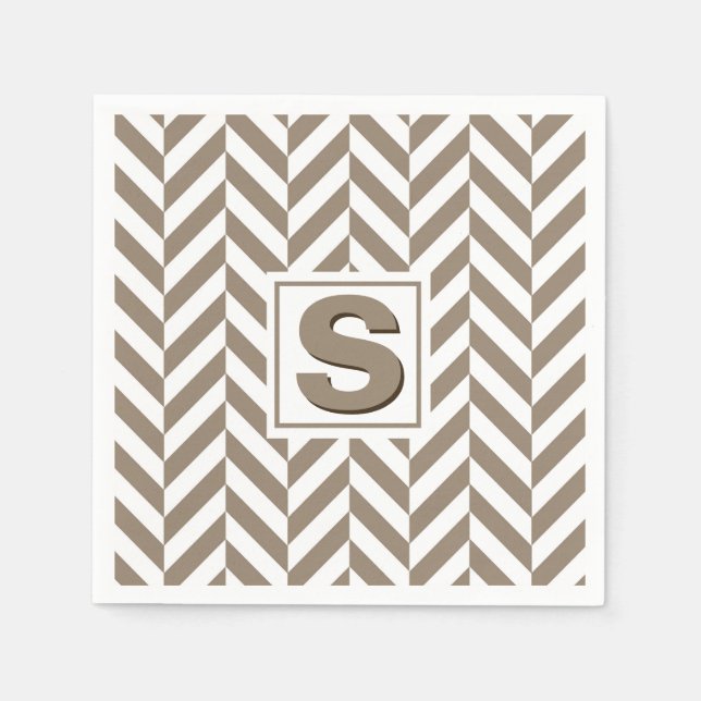 Tan White Herringbone Monogram Napkin (Front)