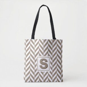 Tan White Herringbone Monogram Tote Bag