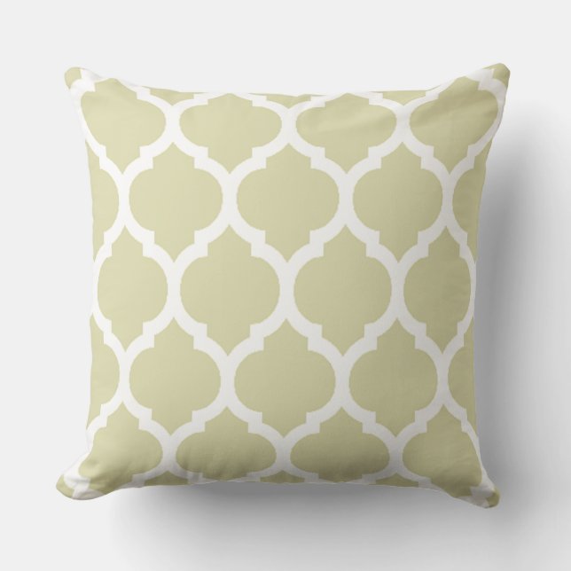 Tan White Moroccan lattice Quatrefoil Pattern Cushion (Front)