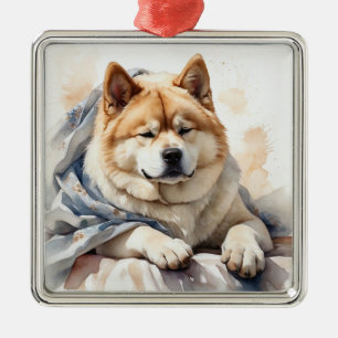 TAN & WHITE WATERCOLOR AKITA DOG METAL ORNAMENT