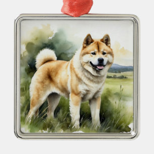 TAN & WHITE WATERCOLOR AKITA DOG METAL ORNAMENT