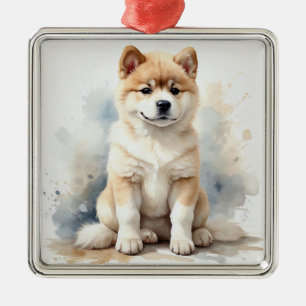 TAN & WHITE WATERCOLOR AKITA DOG METAL ORNAMENT