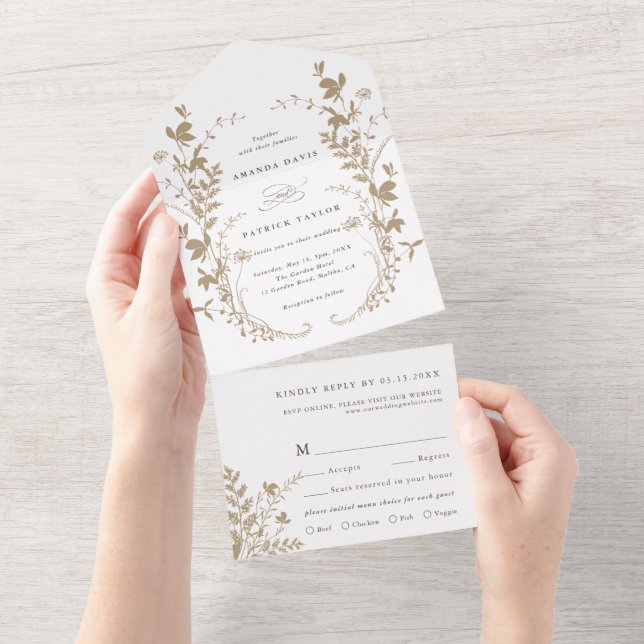 Tan & White Wildflower Silhouette Wreath Wedding  All In One Invitation (Tearaway)