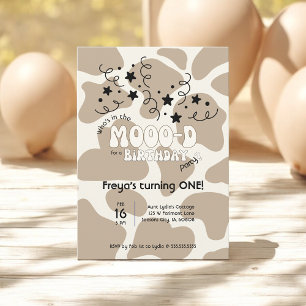 Tan Who's in the MOOO-D Cow Print 1st Birthday Invitation