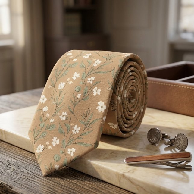 Tan Wildflower Delicate White Blossom & Leaves  Tie (Creator Uploaded)