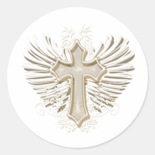 Tan Winged Cross Classic Round Sticker