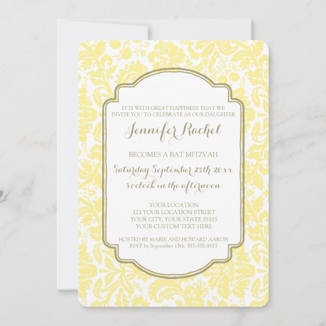 Tan Yellow Damask Bat Mitzvah Invitations (Back)
