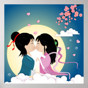 Tanabata Cowherd and Weaver Girl Button Postcard Poster