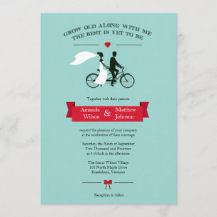 Tandem Bicycle Aqua and Red Wedding Invitations