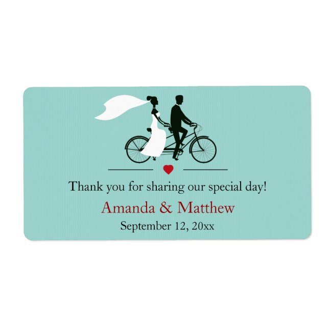 Tandem Bicycle Aqua Wedding Favour Labels (Front)