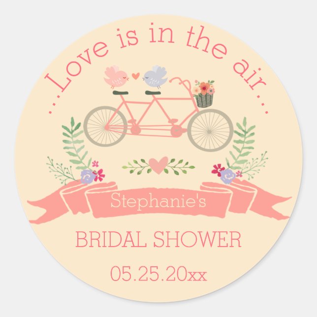 Tandem Bicycle, Birds and Banner Bridal Shower Classic Round Sticker (Front)