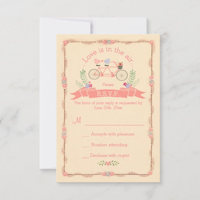 Tandem Bicycle, Birds and Banner Wedding RSVP Card (Front)