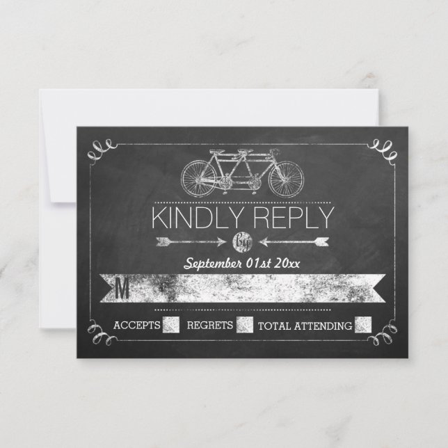 Tandem Bicycle Chalkboard Typography Wedding RSVP Card (Front)