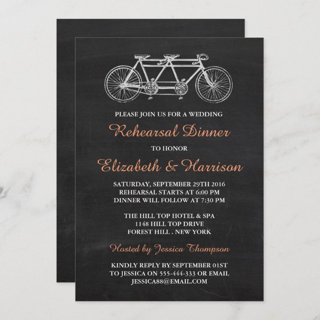 Tandem Bicycle Chalkboard Wedding Rehearsal Dinner Invitation (Front/Back)