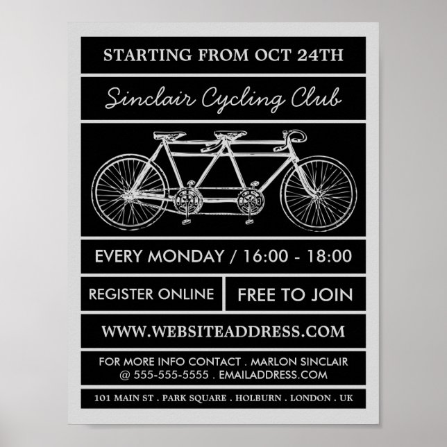 Tandem Bicycle, Cycling Club Advertising Poster (Front)