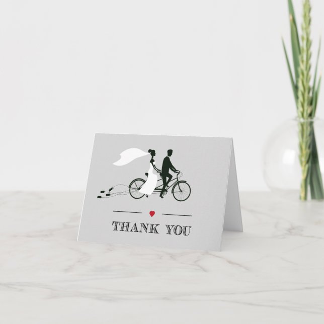 Tandem Bicycle Grey Wedding Thank You Card (Front)